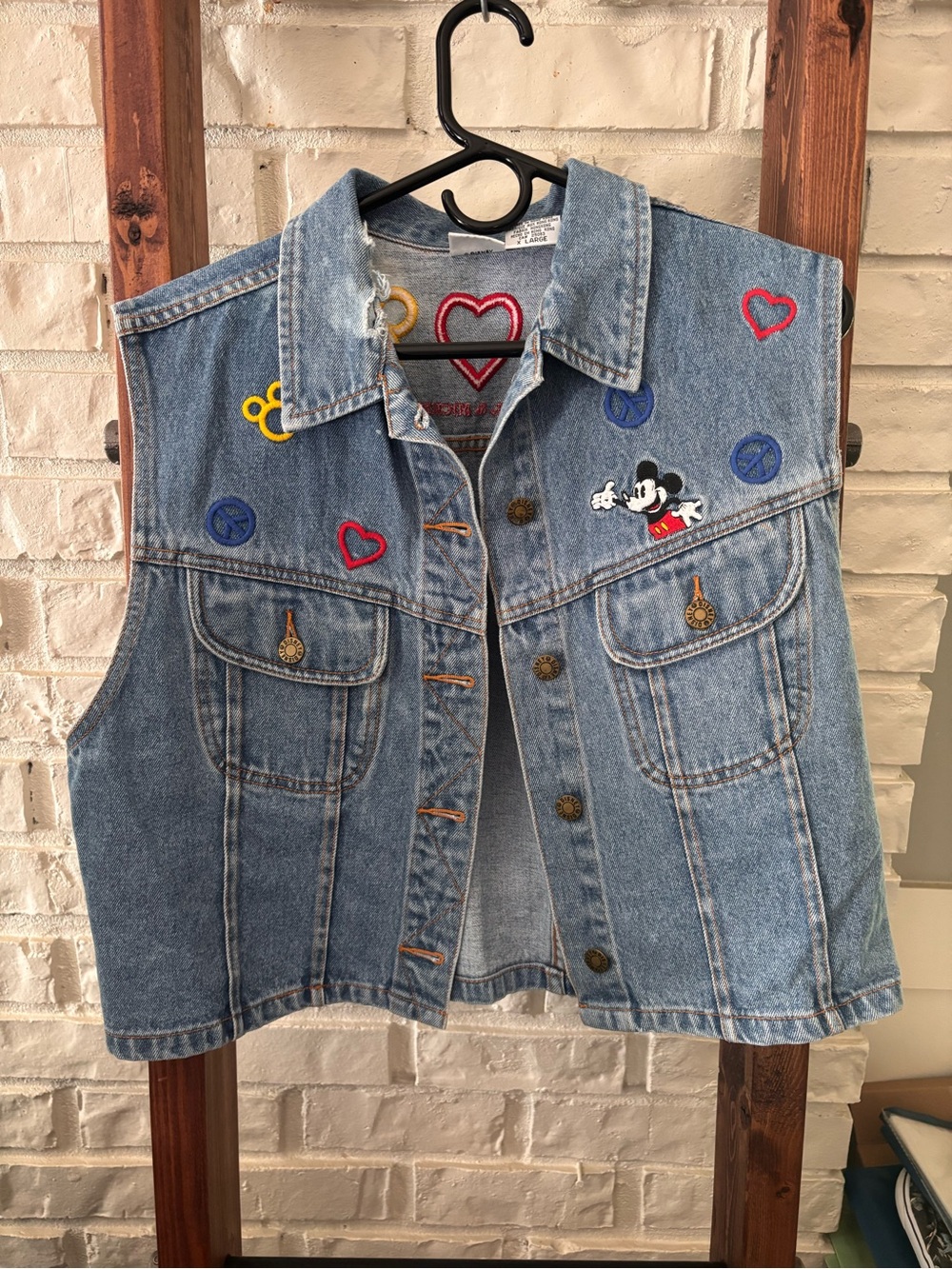 Disney Light Blue Denim Vest with Mickey & Colorful Heart Embroidery